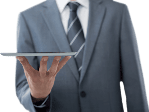 Businessman Holding Transparent Tablet with Confidence