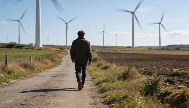 Solitary man walking rural road toward wind turbines on sunny farmland horizon