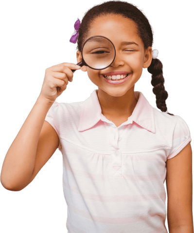Happy schoolgirl with magnifying glass on transparent background