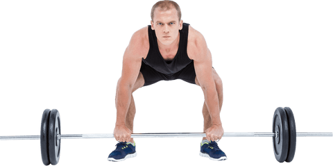 Strong weightlifter with barbell on transparent background