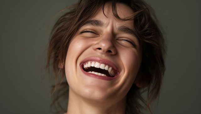 Close-up joyful woman laughing with eyes closed, candid headshot showing bright smile