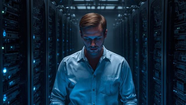 Focused it technician conducting maintenance in modern server room