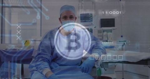 Surgeon in Operating Room with Futuristic Bitcoin Overlay