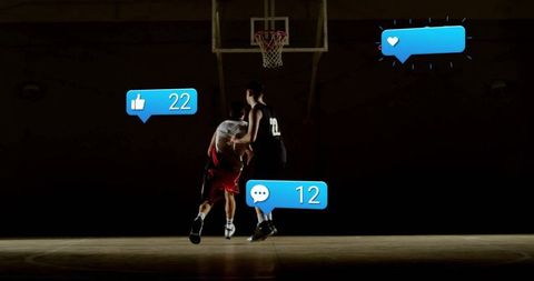 Basketball Players Engaging Intense Game with Social Media Integration