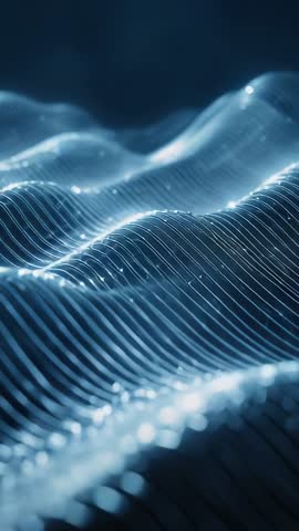 Undulating glowing mesh waves streaming into dark blue void vertical 3D light animation