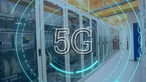 Futuristic 5G Network Server Room with Digital Data Overlay