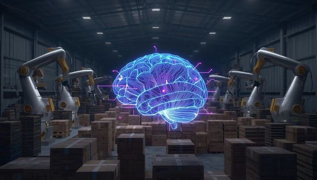 Holographic brain in futuristic warehouse with robotic arms