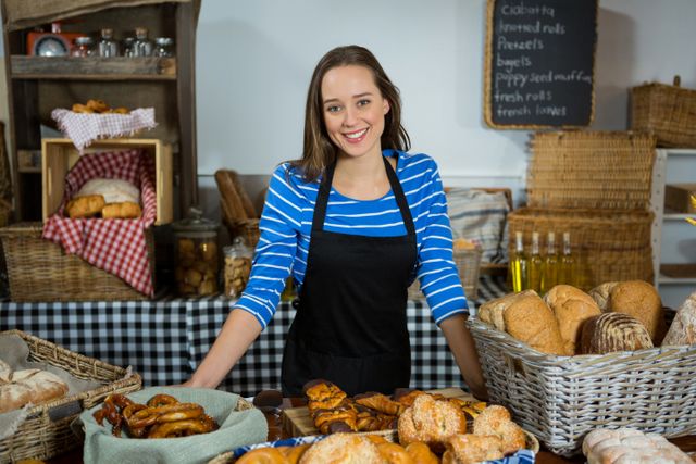 Female baker standing behind bread counter in bakery shop, smiling warmly. Ideal for use in articles about small businesses, bakery promotions, customer service, and the food industry. Can also be used for advertisements and social media posts related to bakeries and fresh bread.