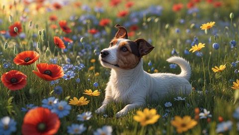 Tricolor dog relaxing in vibrant flowering meadow