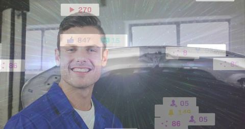 Smiling mechanic with social media interaction