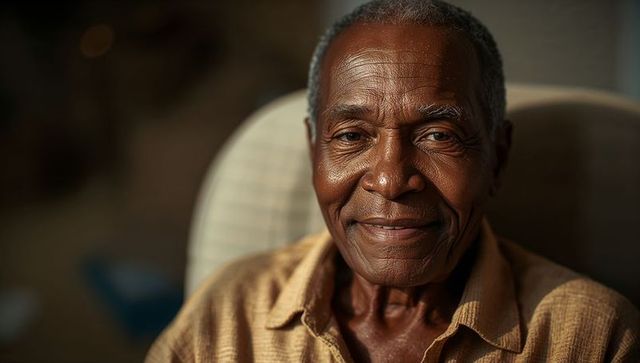 Smiling senior man relaxing in armchair, showing warm expression and calm wisdom closeup