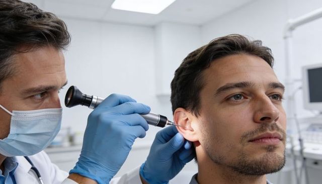 Doctor examining patient ear with otoscope in clinic wearing mask and blue gloves closeup