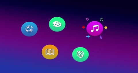 Vibrant digital media icons with diverse interests on purple gradient