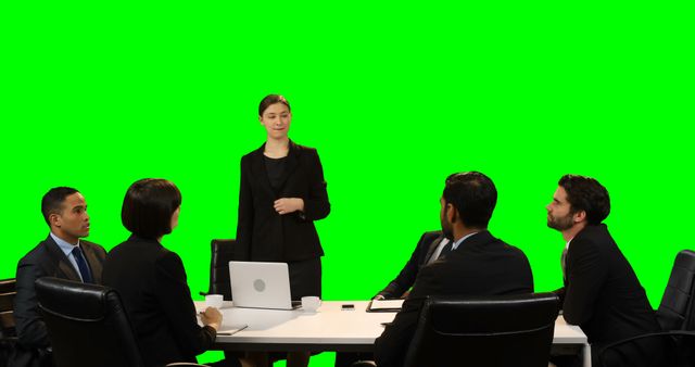 Businesswoman touching invisible screen during meeting against green screen