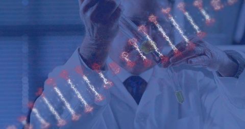 Senior scientist pipetting for genetic research with dna helix overlay in high-tech lab