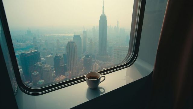 Cozy Morning Coffee with Hazy City Skyline View