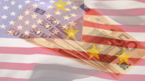 Euro Banknotes Blended with American Flag and Rotating Stars