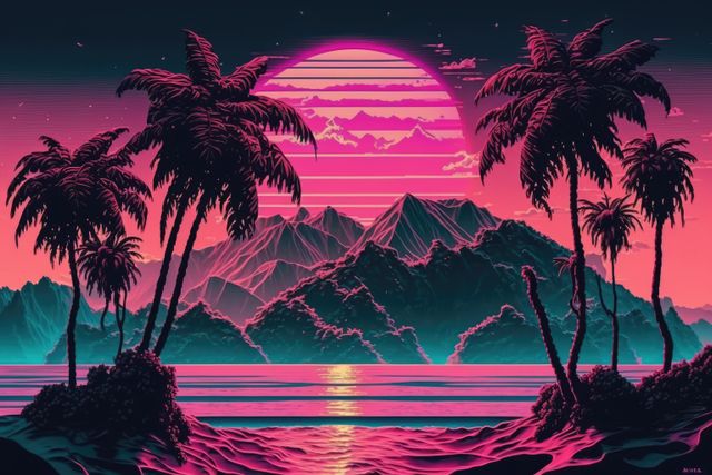 This captivating scenery showcases a retro-futuristic tropical sunset with neon colors, highlighting palm trees silhouetted against majestic mountains and a glowing pink-orange sunset over the ocean. Perfect for use in digital artworks, poster designs, nostalgia-themed projects, and social media backgrounds.