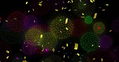 Vibrant Fireworks and Confetti Celebration on Black Background