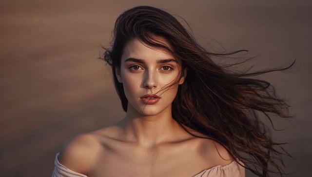 Woman posing on beach with windblown hair and off-shoulder blouse during golden hour