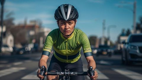 Urban Cyclist Riding Through Crosswalk Wearing Lime-Green Jersey and Helmet