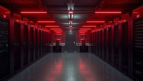 Red-lit data center corridor featuring glowing server racks leading toward locked door