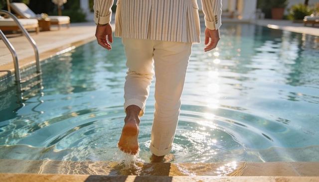 Man stepping into resort pool at golden hour wearing rolled pants and striped blazer