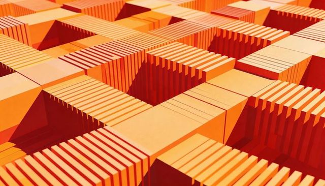 Amber modular grid tessellation with ribbed voids, geometric blocks and deep contrast