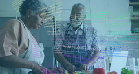 Elderly Couple Cooking Amidst Futuristic Tech Coding