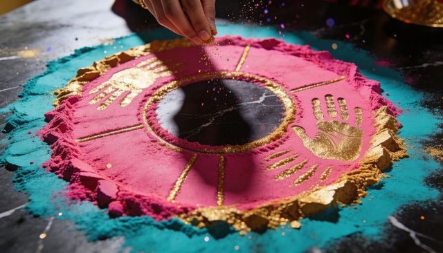 Hand sprinkling gold glitter on magenta and teal rangoli mandala with metallic handprints