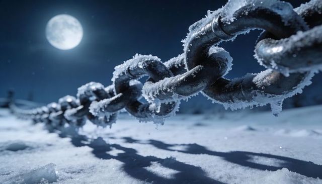 Moonlit frost-covered chain stretching across snowy landscape under full moon