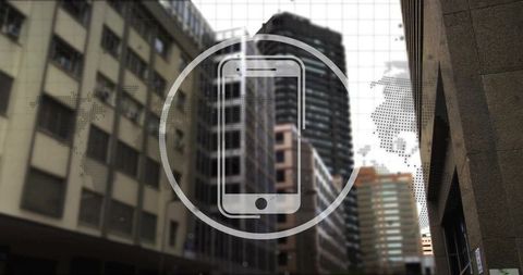 Smartphone icon on urban street with digital world map overlay