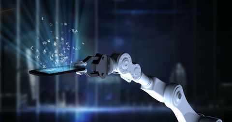 Robotic Arm Holding Smartphone with Floating Symbols in Futuristic Office - Download Free Stock Images Pikwizard.com