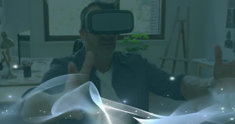 VR Headset User Interacting with Digital Light Effects in Office