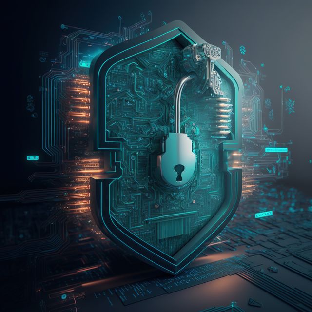 Image depicts a digital shield with an electronic lock symbolizing cybersecurity and data protection. This can be used for illustrating online security concepts in websites, blogs, presentations, and marketing materials. Useful for promoting cyber safety and information security practices.