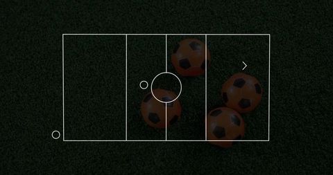Orange soccer balls clustering on green turf with tactical grid overlay for coaching