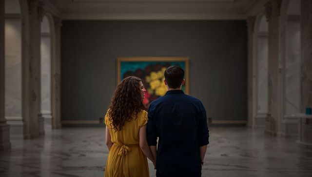 Couple admiring modern painting in grand marble gallery, woman in mustard dress