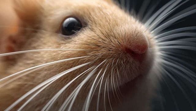 Extreme macro close-up of rodent snout with pink nose and long white whiskers, tan fur