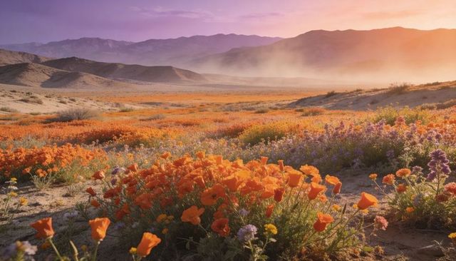Blooming desert poppies stretching across wildflower valley at golden hour sunrise