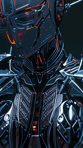 Vertical Panning Across Futuristic Humanoid Robot Armor with Glowing LEDs