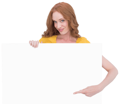 Smiling Woman in Yellow showing Transparent Blank Poster - Download Free Stock Videos Pikwizard.com