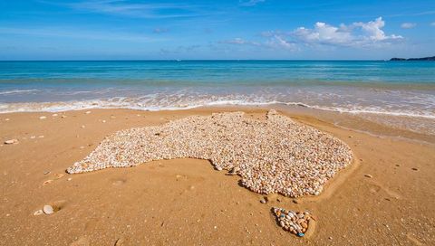 Australian continent shape made of seashells on a sandy beach