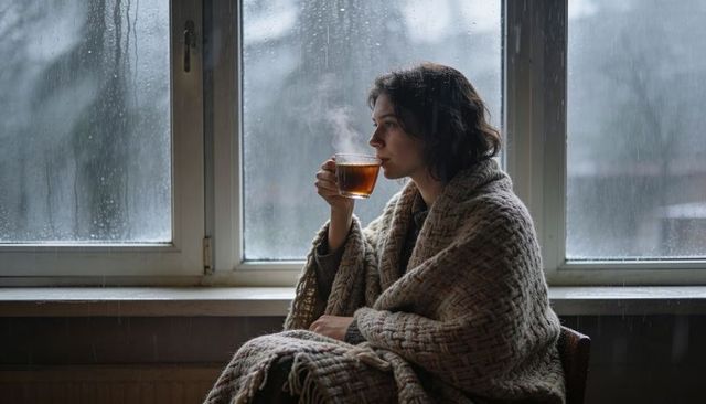 Woman wrapped in knit blanket sipping hot tea by rainy window