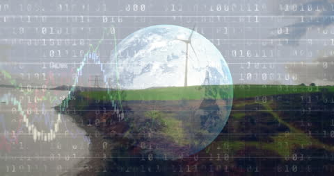 Globe Overlay with Digital Data and Wind Turbines