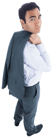 Serious Asian Businessman with Suit on Shoulder Transparent Background