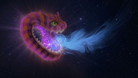 Floating Cosmic Cheshire Cat Head Breathing Blue Nebula Spiral with Fanged Purple Maw