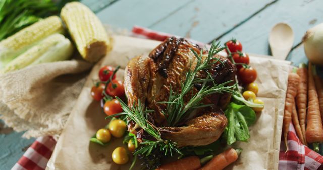 Close up view of cooked chicken and multiple food ingredients on wooden surface - Download Free Stock Photos Pikwizard.com