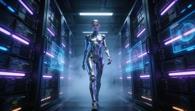 Chrome android walking through neon data center with holographic displays and cyberpunk