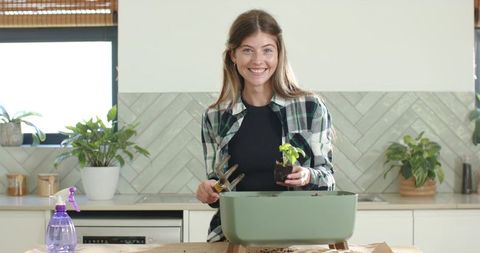 Young woman planting seedling in kitchen planter, smiling while indoor gardening