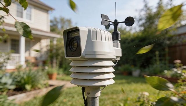 Backyard weather station with camera and anemometer monitoring wind and temperature